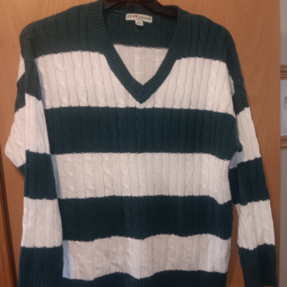 Love Change Green and White Striped V-Neck Sweater Made In ITALY